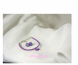 Purple Evil Eye Bracelet + Studs Set